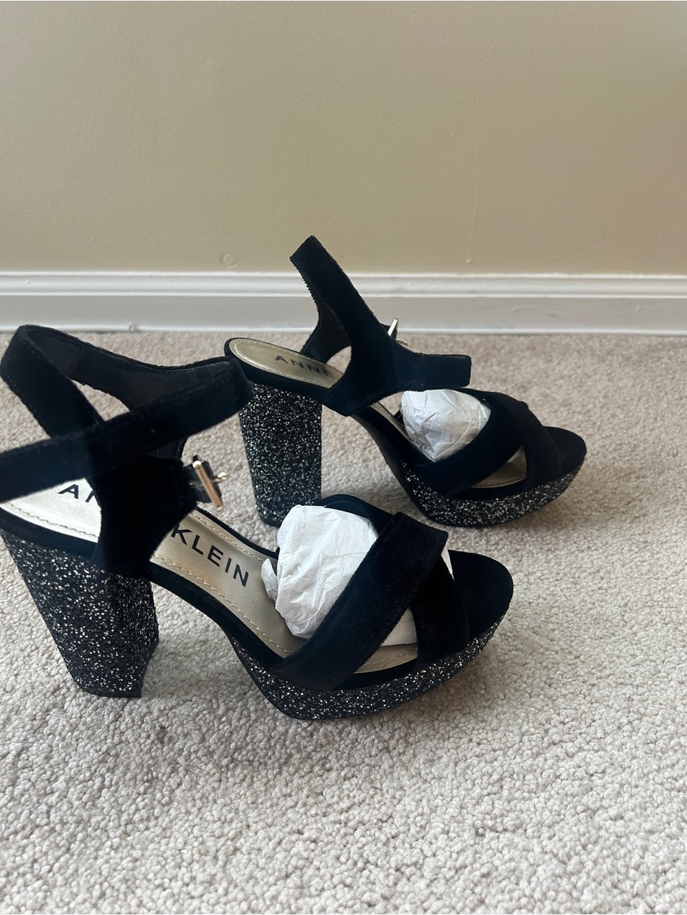 Anne Klein Black Glitter Platform Block Heel Sandals